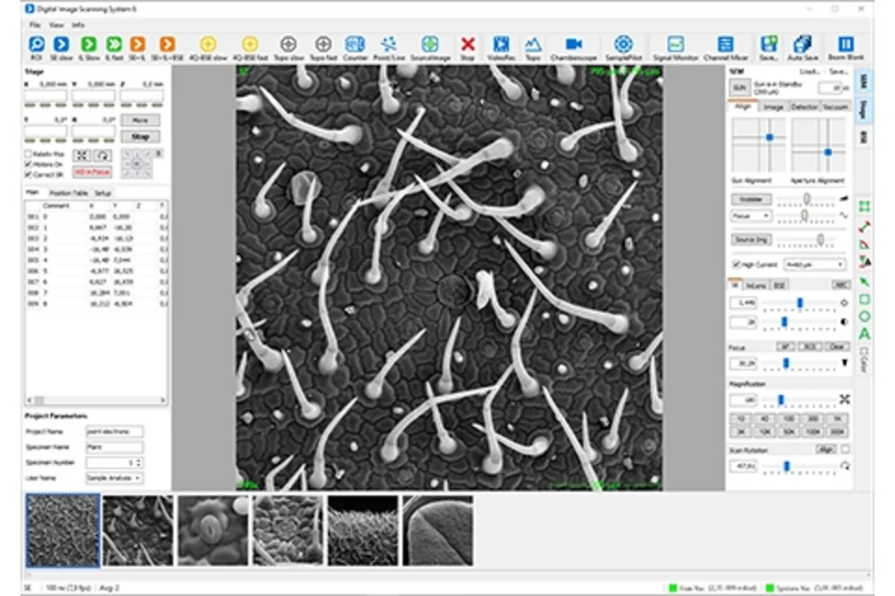 Benutzeroberfläche der Rasterelektronenmikroskop Steuerungs Software DISS6
