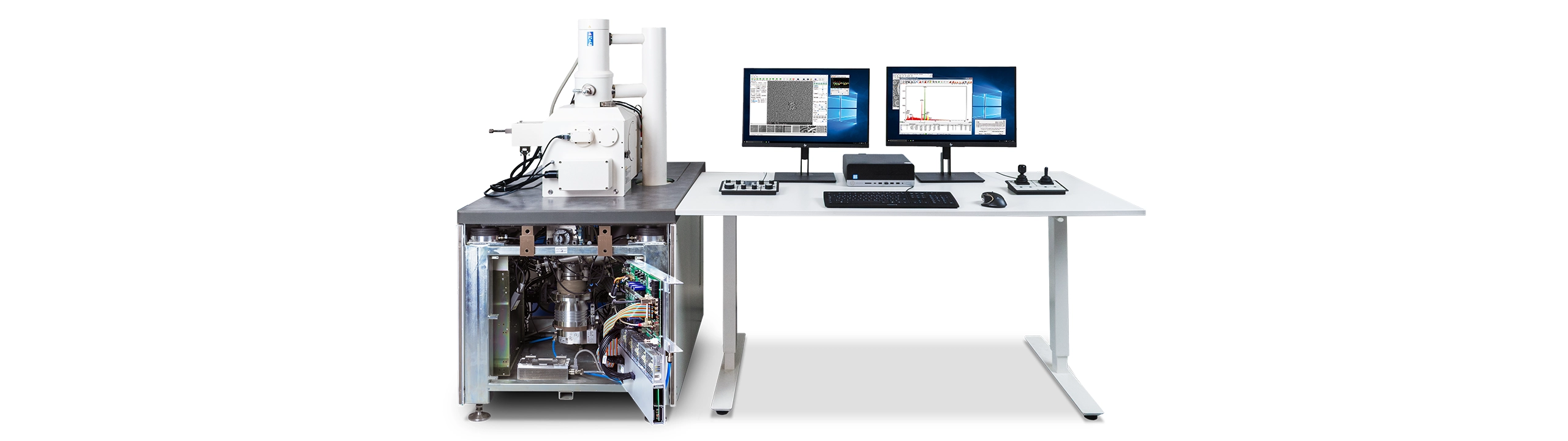 Blick in ein pointSEM Elektronenmikroskop. Man sieht die point electronic Elektronik